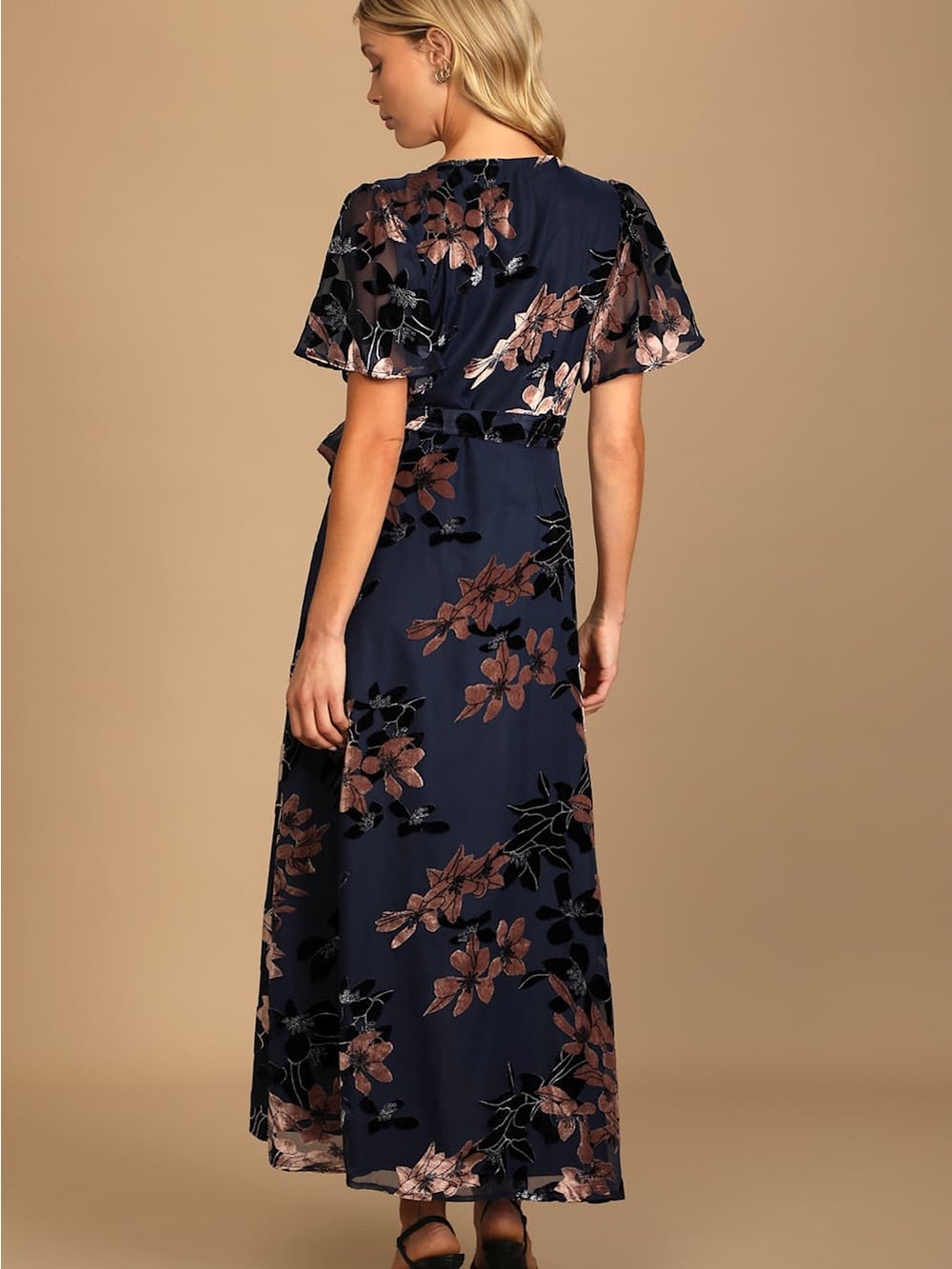 Lulus Navy Burnout Floral Wrap High Low Midi Dress NWT Small - Picture 7 of 8